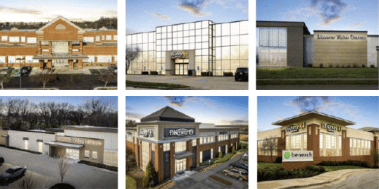 Grid of six images showing six medical office buildings